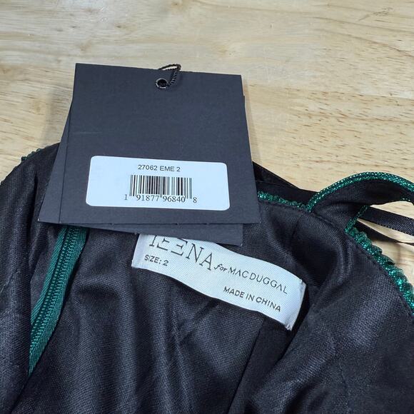 Mac Duggal NWT 27062 Ruffle Tiered Belt Detail Dress Emerald Green Sz 2 Metallic - Picture 6 of 9